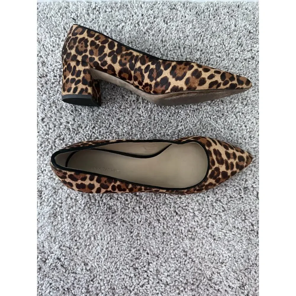 ANN TAYLOR brown black cheetah print calf hair pointed block heel pumps shoes - Picture 8 of 9